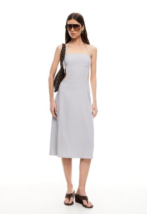 MOONLIT MIDI DRESS – LIGHT GREY PINSTRIPE